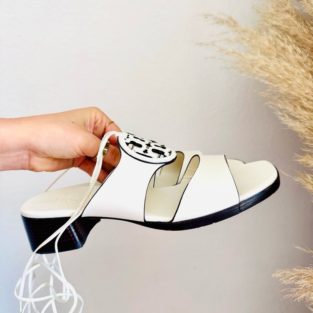 TORY BURCH White Lace Up Miller Leather Block Heel $425 Sandals Shoes Slides 7 - Picture 10 of 16